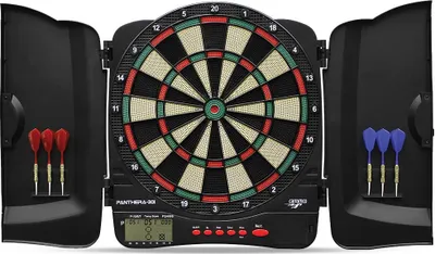 Produktbild von Carromco Elektronik Dart Kabinett Panthera-301 4-Loch Abstand rot-grün-beige-schwarz 8 Spieler mit Softdarts 32 Spiele 500 Variationen (inkl. Cricket)