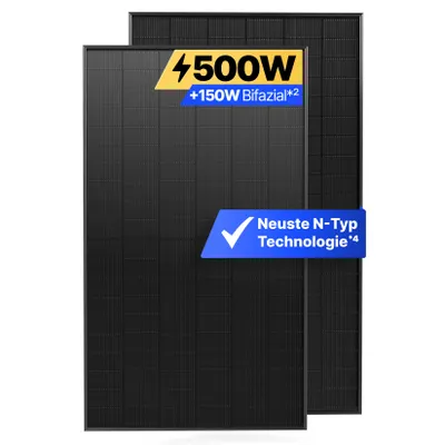 Produktbild von Solakon® Solarpanel 500W Bifazial Glas-Glas N-Type – Solarmodul Full Black 40V für Balkonkraftwerk / Photovoltaikanlage (1 Stück)