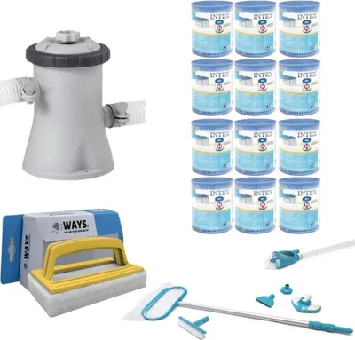 Immagine prodotto di WAYS - Cura della piscina - Set di manutenzione Deluxe & pompa filtro 1250 L/u & 12 filtri tipo H & spazzola WAYS