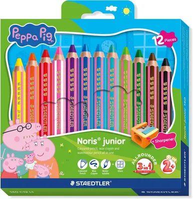 Produktbild von Noris junior Buntstifte-Set Peppa Pig, 12 Stück – 3-in-1: Wachsmalstifte, Aquarellstifte für verschiedene Oberflächen