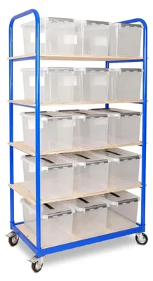 Produktbild von Etagenwagen mit 5 Ebenen BxTxH 1050x500x1880 mm, ausgestattet mit 15 Clipboxen à 22 Liter, 4 Lenkrollen