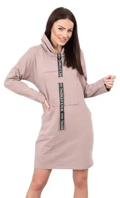 Produktbild von Beiges Baumwoll-Elasthan-Kleid mit Krawattenschleife und zwei Taschen, Gesamtlänge 92 cm, Einheitsgröße
