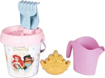 Produktbild von Strand Eimer Set, Disney Prinzessin SMOBY, 17 cm Durchmesser, Mit Sieb, Rechen, Schaufel, Gießkanne und Sandform, Recycelter Kunststoff, 18+ Monate