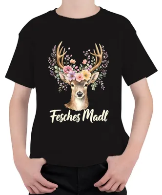 Immagine prodotto di Maglietta per bambini, nera, con motivo "Fesches Madl", "Reh Hirsch", "Blumen Geweih", stile tradizionale bavarese, con pantaloni in pelle (lederhose), taglia 116