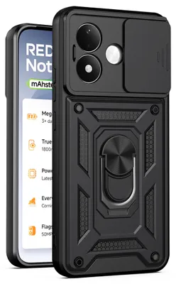 Image de Coque de protection avec cache-appareil photo pour Xiaomi Redmi Note 17 4G / 5G, avec support anneau, couleur noire