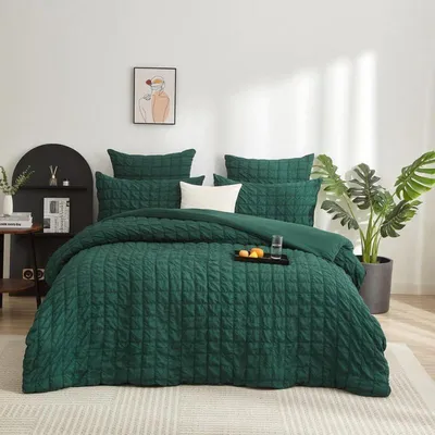 Produktbild von Bettwäsche Set Seersucker Kariert Grün 220x240cm 3-teilig mit 2 Kissenbezügen 80x80cm Gebürstete Mikrofaser Atmungsaktiv Reißverschluss