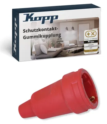 Produktbild von Kopp Schutzkontakt-Gummikupplung in rot - Bruchfeste IP20-Kupplung aus Vollgummi mit Knickschutz & Zugentlastung - VDE- - Schutzkontakt 16A / 2