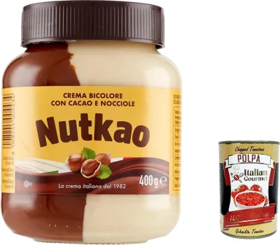Produktbild von 3x Nutkao Crema Bicolore Cacao,Nocciole e Vaniglia,Streichfähige Creme Kakao mit Haselnüssen und Vanille, 400g-Glas + Italian Gourmet polpa 400g