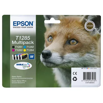 The image shows the packaging of Epson T1285 ink cartridges, featuring a close-up of a fox's face.