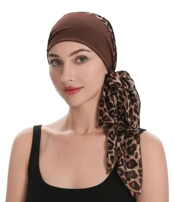 Immagine prodotto di Fascia per capelli estiva da donna, modello turbante, fantasia leopardata, colore marrone, realizzata in poliestere