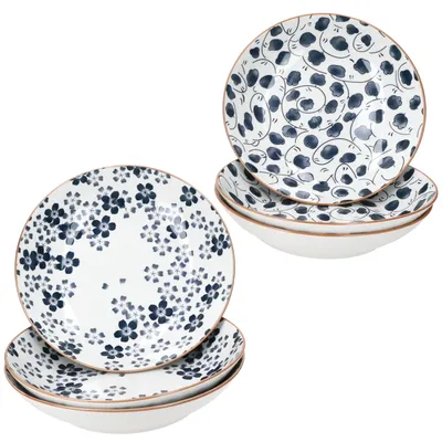 Image de 6 assiettes creuses Totto Ø 20 cm, bleu et blanc, en faïence, motif feuille
