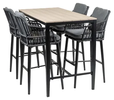 Produktbild von 5-teiliges Gartenbar-Set | 4 Isabel Barhocker Schwarz |  Limasol Bartisch 150 x 75 cm Holz