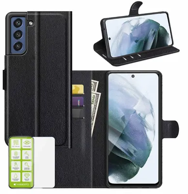 Produktbild von Für Samsung Galaxy S21 FE Handy Tasche Kunst-Leder Schwarz Hülle Etuis + Glas