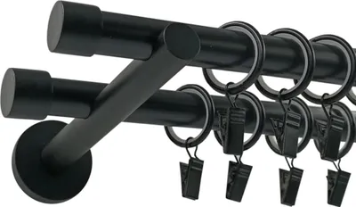 Produktbild von Techno 280 cm Doppelte Gardinenstange Schwarz 19 mm aus Metall mit Endstück LUNA Komplettset mit Ringen und Clips Inklusive Montagezubehörset