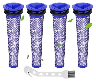 Four vacuum cleaner filters and a cleaning brush are displayed against a white background.