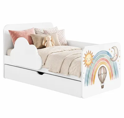 Image de Lit d'enfant complet 160 x 80 cm, blanc | Avec barrière de sécurité, tiroir et matelas | Lit au motif « nuages » et arc-en-ciel coloré