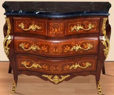 Produktbild von Casa Padrino Barock Kommode Braun / Gold / Schwarz 120 x 50 x H. 85 cm - Handgefertigte Massivholz Kommode mit 4 Schubladen und Marmorplatte - Barock Möbel