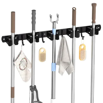 Produktbild von 5 Besenhalter mit 4 Haken, Besenhalterung Wandhalterung Besen Mop Halter ohne Bohren oder Bohren, Selbstklebend Werkzeughalter Organizer für Garage, Garten, Abstellkammer, Küche, Badezimmer
