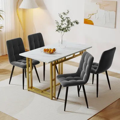 Productafbeelding van Eettafel MODFU 120x70 cm en set van 5 stoelen, complete eethoek, keukenmeubel, keukentafel, eetstoel, fluweel, grijs & goud