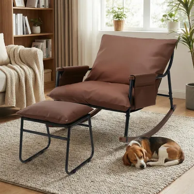 Image de Fauteuil à bascule avec repose-pieds, poche latérale, accoudoirs, structure en bois, pour salon, chambre, chambre bébé, tissu technique, café