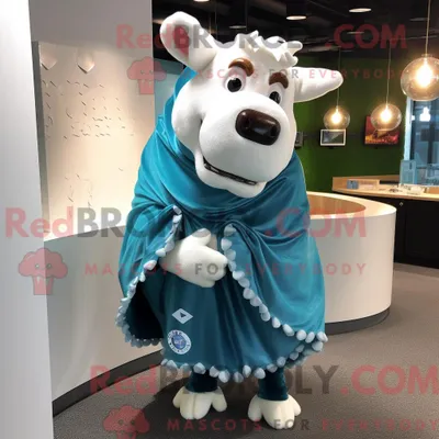 Produktbild von Maskottchen REDBROKOLY einer türkisfarbenen Hereford-Kuh mit V-Ausschnitt-T-Shirt und Schalkragen