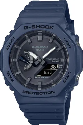 A close-up, front-facing studio shot of a blue G-Shock watch.