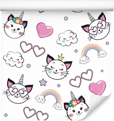 Produktbild von 10m VLIES TAPETE Rolle Kinderzimmer Katzen Herzen Regenbogen Wolken XXL