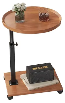 Image de Table d'appoint - Table basse réglable en hauteur - À deux niveaux, pivotante à 360° - Table de service et d'appoint à roulettes avec tablette - Structure en métal - Aspect bois