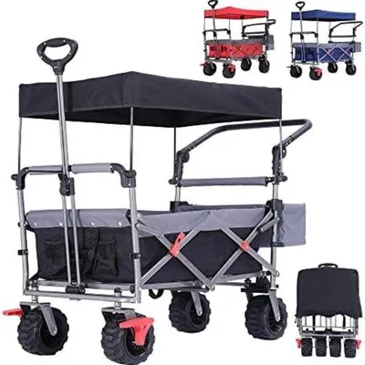 Produktbild von Famanu Bollerwagen Faltbar mit Luftreifen - Bollerwagen für Kindertransport - Bollerwagen mit Schiebestange - Schwarz