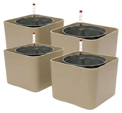Produktbild von Leni KALEA cube Hydrokultur-Komplettset 4er-Pack 17 cm Würfel Pflanztopf mit Kulturtopf und Wasserstandsanzeiger Macchiato beige-braun matt wasserdicht selbstbewässernd
