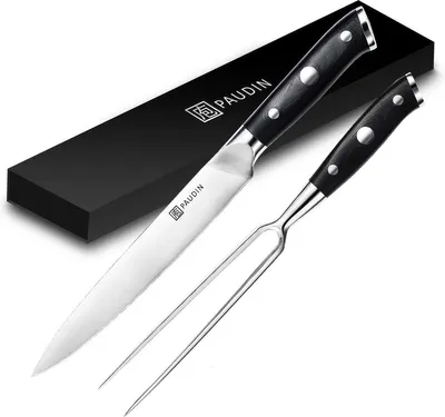 Image de PAUDIN D9 Set Professionnel Couteau à Viande + Fourchette 20 cm – Set de Découpe Japonais – 2 Pièces – Manche Ergonomique Noir