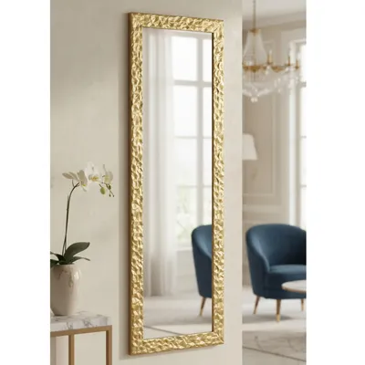 Imagen del producto de MO.WA Espejo de pared moderno de 46 x 141 cm con marco decorativo, espejo de madera, acabado dorado, fabricado en Italia. Espejo de cuerpo entero, espejo para pasillos