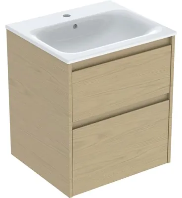Produktbild von Geberit Renova Plan Set Möbelwaschtisch schmaler Rand, mit Unterschrank, zwei Schubladen: 55x62.1x48cm, Breite Waschtisch=55cm, Waschtisch: weiß, Korpus, Front: Eiche natur / Melamin Holzstruktur
