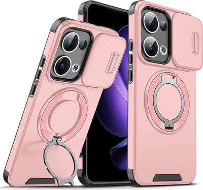 Image de Etui double couche pour Oppo Reno13, avec couvercle coulissant pour l'appareil photo et anneau magnétique pour le support Rose