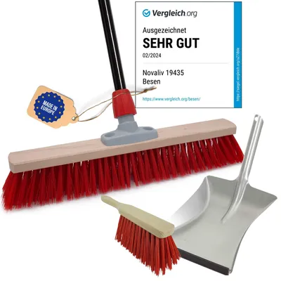 Produktbild von Novaliv Straßenbesen mit Stiel 60 cm Elaston Borsten inkl. Kehrgarnitur verzinkt bestehend aus Kehrblech und Handfeger Ideal als Gartenbesen Terassenbesen Hofbesen Stallbesen Kehrbesen Outdoor broom