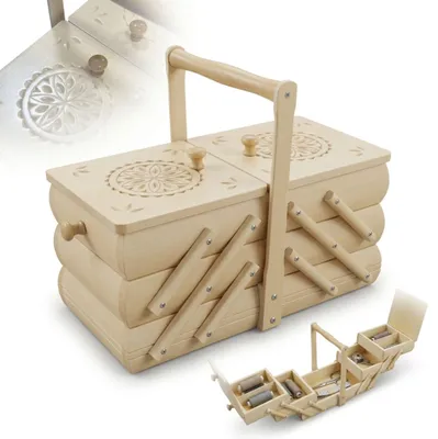 Produktbild von HOLZ-NÄHKASTEN, aufklappbarer Nähkoffer, Organizer, 34 x 18 x 26 cm, hell