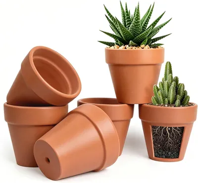 Produktbild von 6er-Set Terrakotta-Blumentöpfe, 12x10cm, kleine Tontöpfe mit Abflussloch zum Bemalen für Zimmer, Büro, Innenräume und Gärten