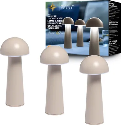 Produktbild von Northpoint Moderne LED Tischleuchte in Pilzform taupe im 3er-Set für den Innen- und Außenbereich stufenlos dimmbar USB-Ladung CCT Farbwechsel