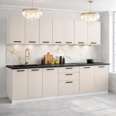 Produktbild von ULWEHOME | Küchenzeile 260 cm Beige, Küchenmöbel-Set Kaschmir mit Arbeitsplatten 2,6 m, Küchenblock, Spülenschrank, Schubladenschrank, Oberschränke