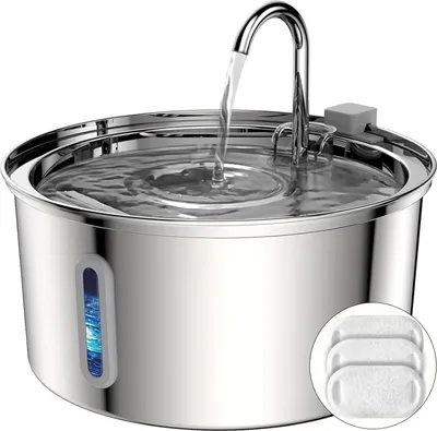 Produktbild von Katzenbrunnen 3.2 l, Edelstahl, Wasserstandssichtfenster, leise Pumpe, doppelte Filtration, für Katzen