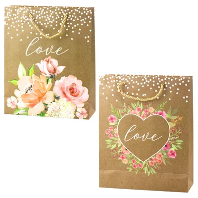 Zdjęcie produktu dla Torba na prezenty Miłość Napis Kwiaty Brokat 32 X 26 X 10 Cm