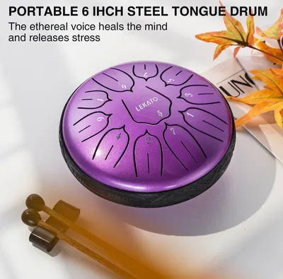 Produktbild von LEKATO Stahlzungentrommel, 15,2 cm, 11 Töne, Tonart D, Melodie, Perkussion, Meditation, Yoga