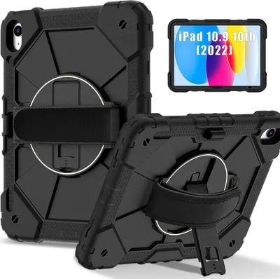 Image de Etui pour iPad 10th Gen 2022 10.9 inch, étui pour tablette avec dragonne et support pivotant à 360° noir