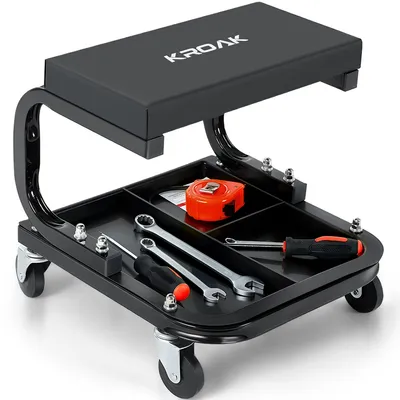Obrázok produktu pre KROAK Dielenská stolička do 120 kg Mechanická stolička so zásobníkom na náradie skladacia, otočná o 360°, čierna