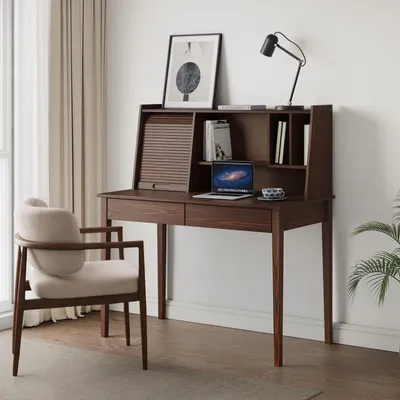 Produktbild von Schreibtisch ALISA mit 2 Schubladen & Rollladen aus Massivholz, Nussbaum Finish - Schreibtisch aus Kiefernholz, Massivholz Schreibtisch mit Stauraum, ideal für Homeoffice und Arbeitszimmer