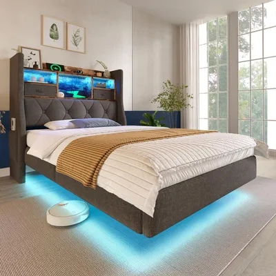 Zdjęcie produktu dla Łóżko tapicerowane Sweiko 90x200 cm z oświetleniem LED, zagłówkiem i stacją ładującą (1 port USB typu C, 3 porty USB), nowoczesne łóżko pojedyncze z miejscem do przechowywania, zagłówkiem i stelażem z listew, len, szary (bez materaca)