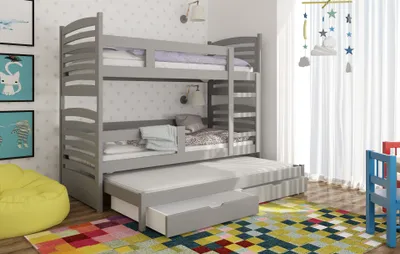 Obrázek produktu pro MTJMöbel patrová postel OLEK 75x180 cm s matracemi, podkrovní postel s žebříkem, dětská postel domácí lůžko s podsadou, posuvné lůžko výsuvné, 3 spací plochy, šedá barva