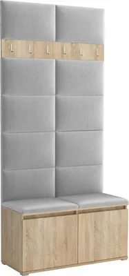 Obrázok produktu pre Šatníková zostava Noris I, čalúnená skriňa 100 cm s lavicou, nástennými panelmi a háčikmi (farba: dub Sonoma + Trinity 32)