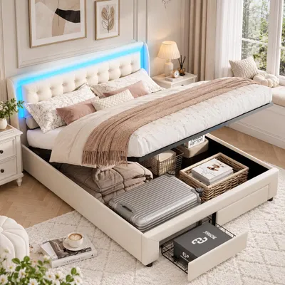 Imagen del producto de INONEFT, cama tapizada de 140 x 190 cm, con sistema hidráulico, espacio de almacenamiento y luces LED. Cama juvenil con dos cajones, cama de matrimonio, color beige, tapizada en terciopelo, sin colchón