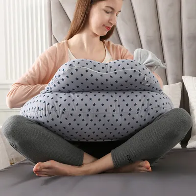 Image de Coussin d'allaitement pour l'allaitement, coussin d'allaitement original surdimensionné avec ceinture réglable et housse en coton amovible pour maman (étoile grise)